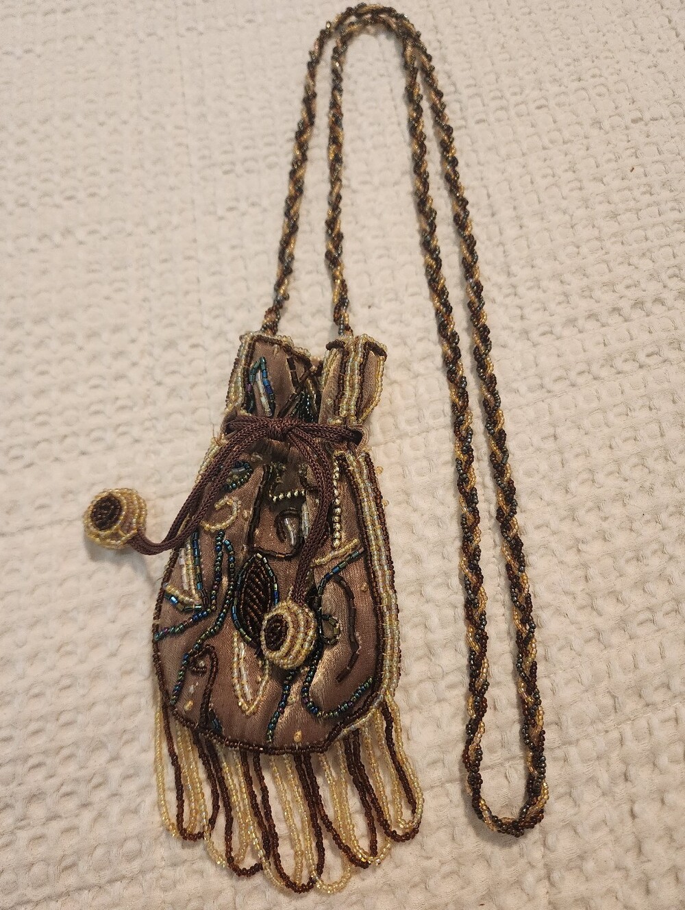 Bronze/Gold/Brown Seed Beaded Embellished Drawstring Bag Necklace/Shoulder Bag